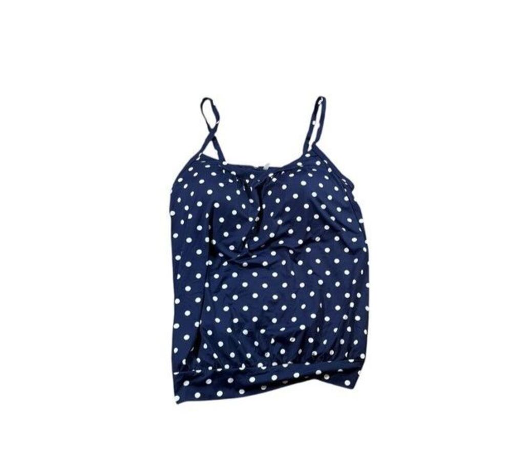 Lands End Tankini Top Womens Size 14 Navy Polka Dot Blouson Swim Built in Bra